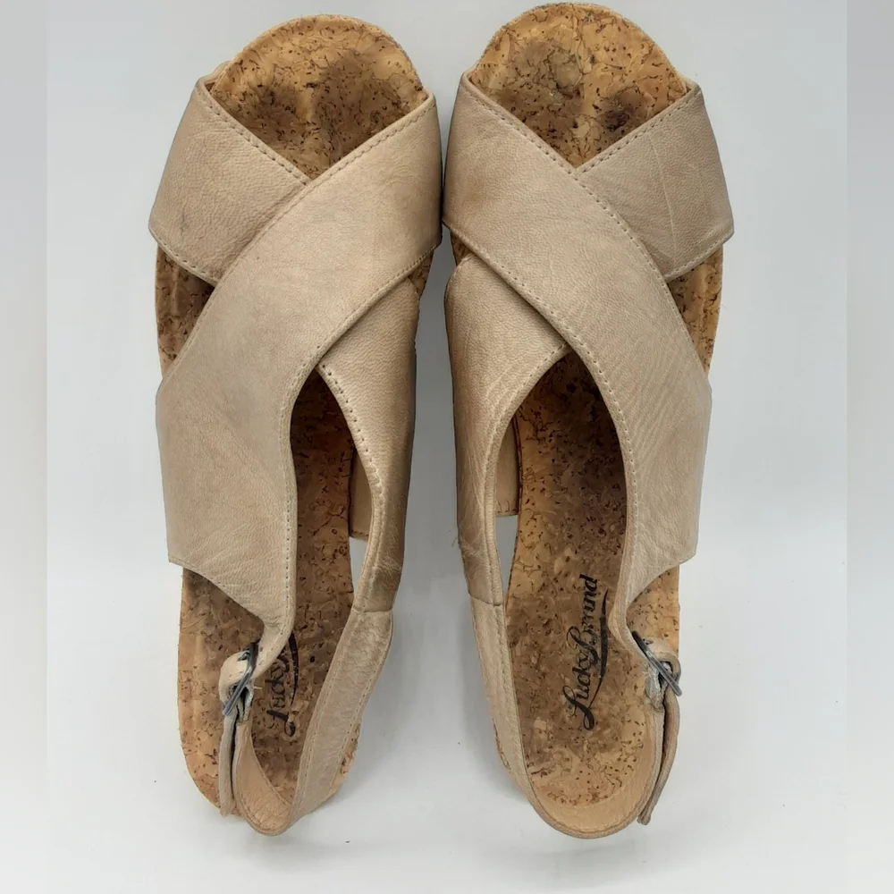 Lucky Brand Minari Leather Cork Wedge Sandal.